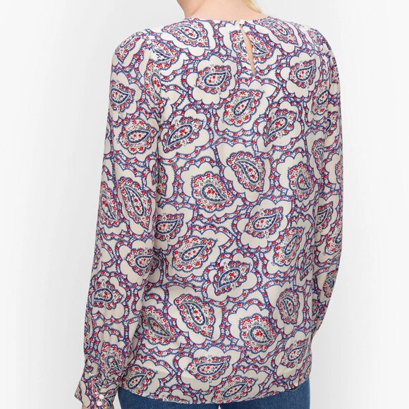 TALBOTS Pintuck Yoke Blouse 1X Paisley White Red Navy Blue Long Sleeve - Picture 3 of 13